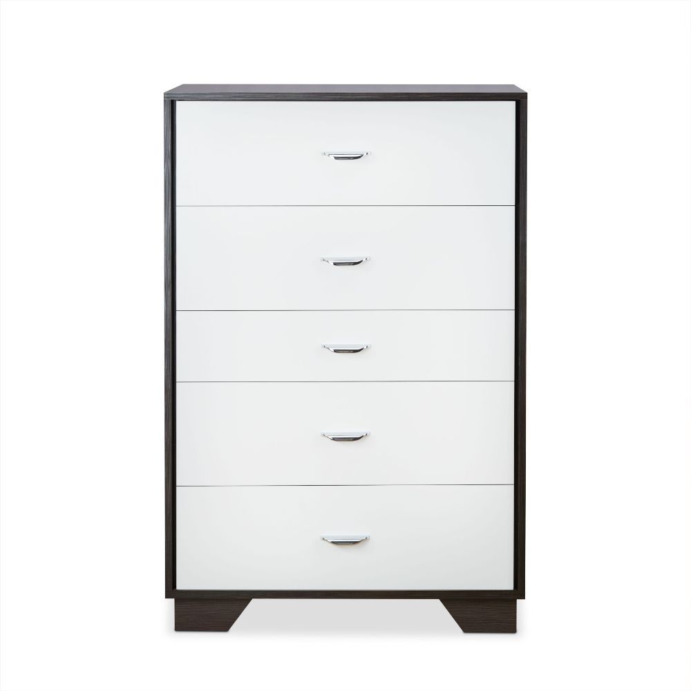 This beautiful Eloy chest of drawers boasts of contemporary style, five drawers with metal drawer handles. Crafted with multi shades of espresso, the raw wood texture enhances this dresser-'s sleek style and the drawers provide plenty of storage space for