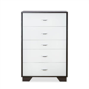  five drawers with metal drawer handles. Crafted with multi shades of espresso