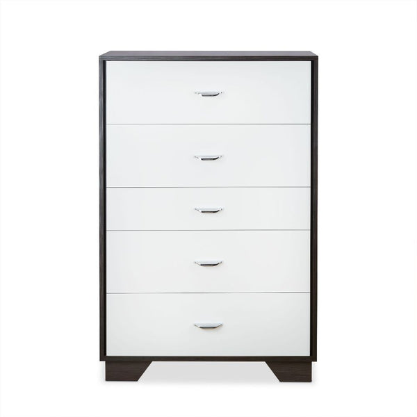  five drawers with metal drawer handles. Crafted with multi shades of espresso