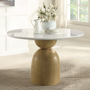 Kala collection exudes elegance with its round dining marble top table and oak finish base. Featuring a fixed table top, this set pairs perfectly with upholstered chairs that provide comfort and style. The metal legs of the chairs add a modern touch, maki