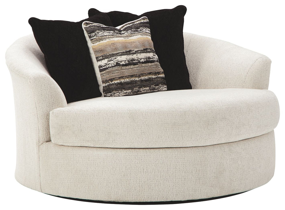 Let it snow. Doubling your pleasure with a spacious seating area with room for twoâ€”or just youâ€”this oversized round swivel chair in a snow-tone neutral invites you to stretch your style in an easy-elegant way. Whether your aesthetic is urban hip or su