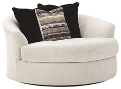 Let it snow. Doubling your pleasure with a spacious seating area with room for twoâ€”or just youâ€”this oversized round swivel chair in a snow-tone neutral invites you to stretch your style in an easy-elegant way. Whether your aesthetic is urban hip or su