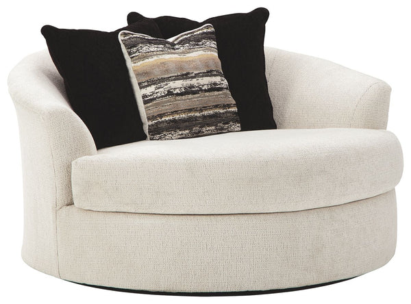 Let it snow. Doubling your pleasure with a spacious seating area with room for twoâ€”or just youâ€”this oversized round swivel chair in a snow-tone neutral invites you to stretch your style in an easy-elegant way. Whether your aesthetic is urban hip or su