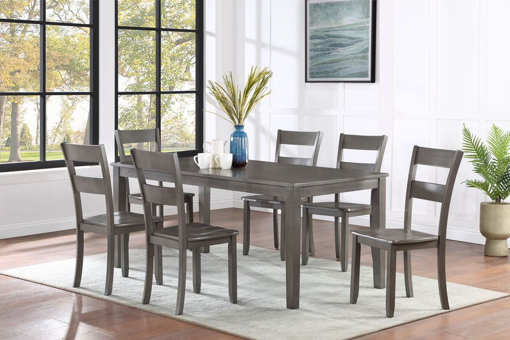 This dining set epitomizes modern elegance with its streamlined design and sophisticated gray finish. The ensemble features a spacious rectangular table that serves as the perfect stage for any culinary delight, complemented by slender, high-back chairs t