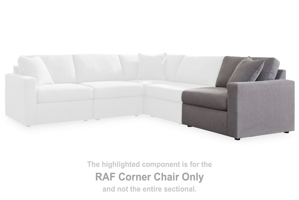 This right-arm facing corner chair is made with Next-Gen Nuvellaâ„¢ (polyester) fade-resistant, washable fabric. Fully finished on all sides, it pairs with other items in the series to make a modular sectional.<br><br><b>Additional Dimensions</b><br><ul><
