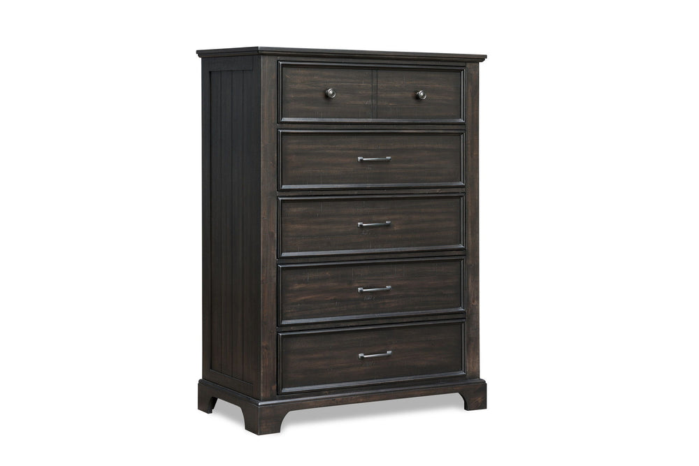 The Stafford County Wood 5 Drawer Chest in walnut brown combines quality craftsmanship with contemporary design. Crafted from solid acacia, manufactured woods, and acacia veneers, this tall chest is built to last and brings lasting beauty to your bedroom.