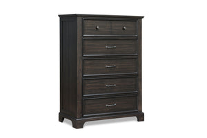 The Stafford County Wood 5 Drawer Chest in walnut brown combines quality craftsmanship with contemporary design. Crafted from solid acacia, manufactured woods, and acacia veneers, this tall chest is built to last and brings lasting beauty to your bedroom.