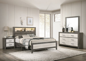 Embrace the harmonious blend of minimalist design and rustic appeal with this captivating bedroom collection. The sleek, low-profile bed is a modern take on farmhouse style, featuring a plank-style headboard with built-in lighting that adds warmth and con