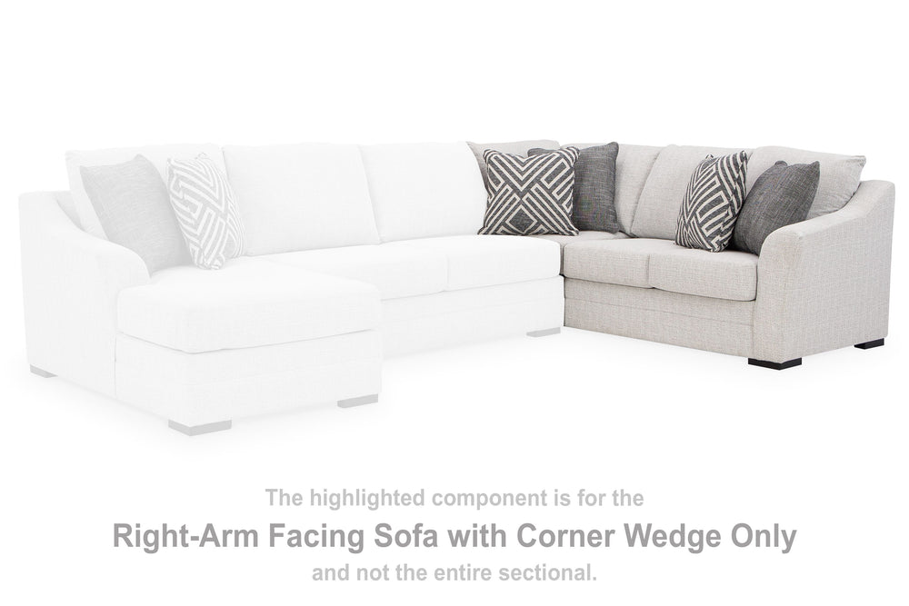 This right-arm facing sofa with corner wedge is made with Next-Gen Nuvellaâ„¢ (solution-dyed polyester) high-performance fabric. Pairs with other items in the series to make a sectional.<br><br><b>Additional Dimensions</b><br><ul><li>Arm height: 27-"</li>