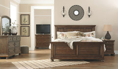 Made with Acacia veneers/engineered board and hardwood solids with a tobacco brown finish. Framed drawers feature fully finished dovetailed drawer boxes, ball bearing side glides and round metal knobs in an aged brass color finish. Dresser features a hidd