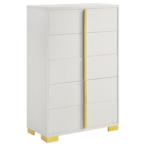 Minimalism never looked so elegant as it does in this elegant five-drawer chest, an excellent option for your updated bedroom ensemble. Modern design details produce a chic vertical chest with an Art Deco vibe and tons of storage space. Made of wood produ