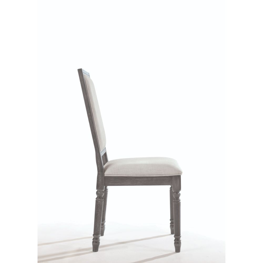 KD, Armless Chair (High Backrest) Stationary Seat: Standard Dining Height Backrest: Rectangular Wood Trim Padded Seat & Back: Cream Linen Cushion Construction Seat: Wooden Seat Apron, Box Seat, Welt Trim, Foam 2-" CAFR Wooden Turned Legs & Side Round Cros
