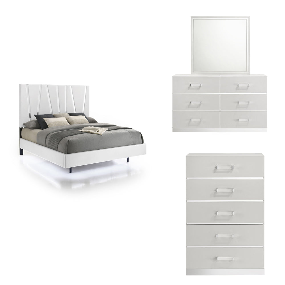The Europa 4 Piece Bedroom Set in white offers a sophisticated and modern design for your bedroom. This set includes a panel bed along with a dresser, mirror, and chest. The sleek look is achieved with a majestic headboard, glossy white finish, acrylic dr