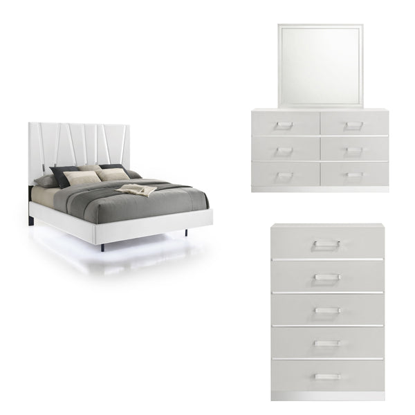 The Europa 4 Piece Bedroom Set in white offers a sophisticated and modern design for your bedroom. This set includes a panel bed along with a dresser, mirror, and chest. The sleek look is achieved with a majestic headboard, glossy white finish, acrylic dr