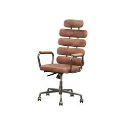 KD, Executive Arm Office Chair (High Back) â€¢ Seat: Swivel (360 Degrees), Adjustable Height (Pneumatic Lift) â€¢ Padded Back & Seat: Top Grain Leather Cushion, Backrest: 5 Horizontal Panels â€¢ 5-Star Base w/Casters: Metal Base â€¢ Armrest: Wood with Met