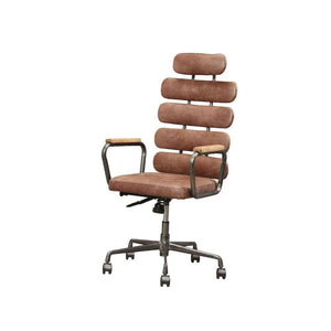 KD, Executive Arm Office Chair (High Back) â€¢ Seat: Swivel (360 Degrees), Adjustable Height (Pneumatic Lift) â€¢ Padded Back & Seat: Top Grain Leather Cushion, Backrest: 5 Horizontal Panels â€¢ 5-Star Base w/Casters: Metal Base â€¢ Armrest: Wood with Met