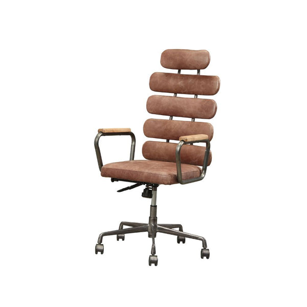 KD, Executive Arm Office Chair (High Back) â€¢ Seat: Swivel (360 Degrees), Adjustable Height (Pneumatic Lift) â€¢ Padded Back & Seat: Top Grain Leather Cushion, Backrest: 5 Horizontal Panels â€¢ 5-Star Base w/Casters: Metal Base â€¢ Armrest: Wood with Met