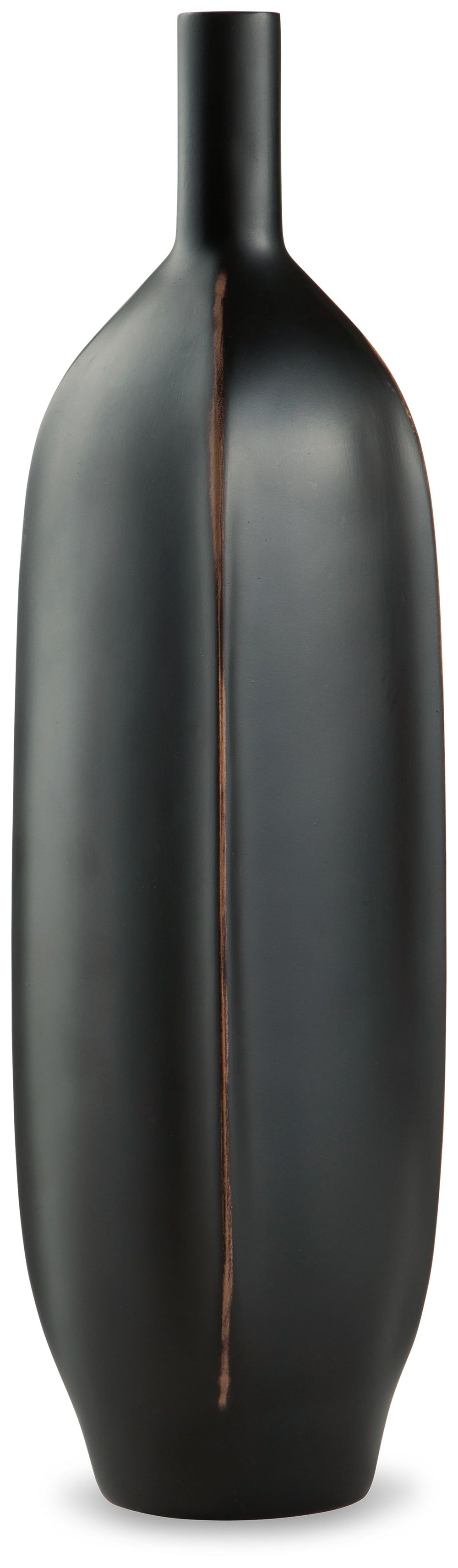 Impress with the simply sleek stylings of this vase. A black finish coats the piece, with a brown rub on the corners acting as a subtly eye-catching design element. What a chic addition to your bookcase, mantel or tabletop.<br/><br/><b>Product Features</b