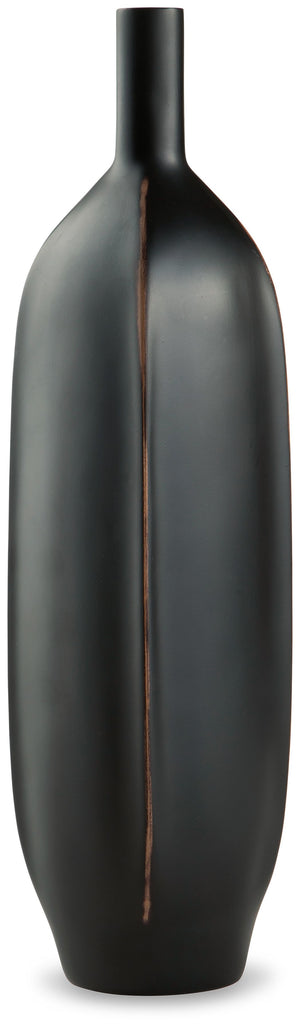 Impress with the simply sleek stylings of this vase. A black finish coats the piece, with a brown rub on the corners acting as a subtly eye-catching design element. What a chic addition to your bookcase, mantel or tabletop.<br/><br/><b>Product Features</b
