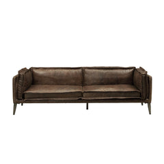 Contemporary styling is exemplified in the design of the Porchester collection. Offered in distress chocolate top grain leather coverings, the cleanly designed seating group will fit perfectly in your modern home. Metal legs support and provide decorative