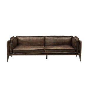 Contemporary styling is exemplified in the design of the Porchester collection. Offered in distress chocolate top grain leather coverings, the cleanly designed seating group will fit perfectly in your modern home. Metal legs support and provide decorative