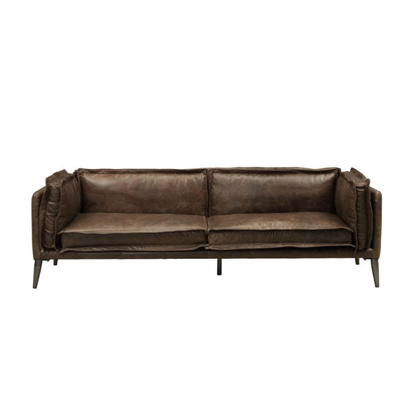 Contemporary styling is exemplified in the design of the Porchester collection. Offered in distress chocolate top grain leather coverings, the cleanly designed seating group will fit perfectly in your modern home. Metal legs support and provide decorative