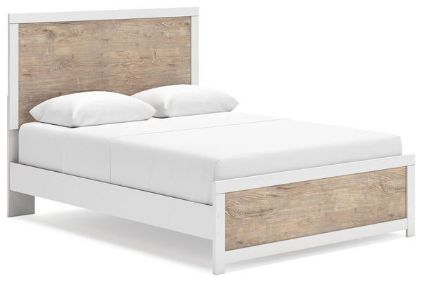 Relaxed yet striking, this queen panel bed brings casual beauty and function to your dream destination. A delightful two-tone treatment blends a fresh, replicated oak grain with a matte white finish that-'s easy to love. Its simplicity lends a contemporar
