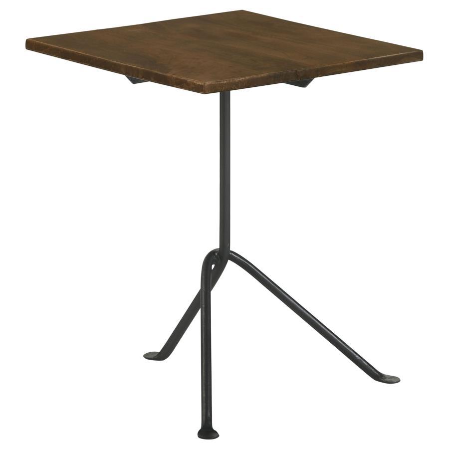 Infuse your space with modern industrial charm using this tripod-style accent table, featuring a sleek square mango wood top in a rich dark brown finish. The eco-friendly solid wood construction makes it a perfect choice for sustainable living, while the 