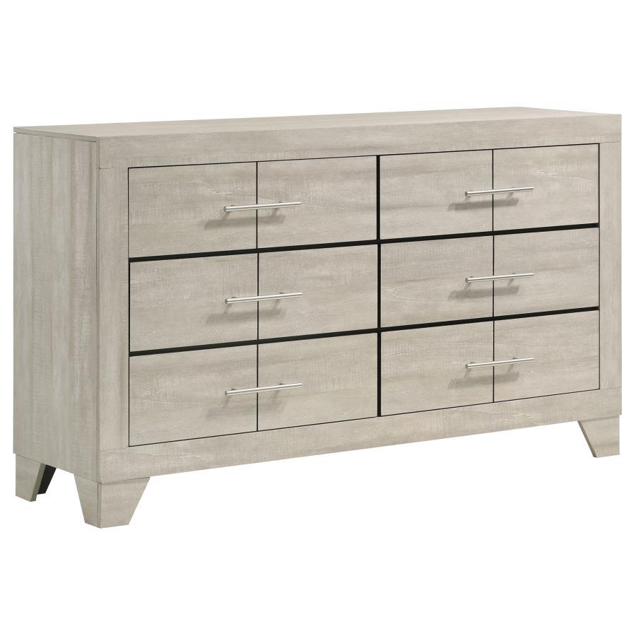 This six-drawer dresser combines modern style with a rustic edge, creating the perfect balance of elegance and functionality for your bedroom. With a rustic cream finish over rough-sawn, white-washed engineered paper veneer, it exudes a warm yet contempor