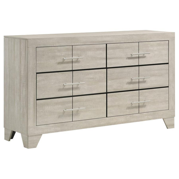 This six-drawer dresser combines modern style with a rustic edge, creating the perfect balance of elegance and functionality for your bedroom. With a rustic cream finish over rough-sawn, white-washed engineered paper veneer, it exudes a warm yet contempor