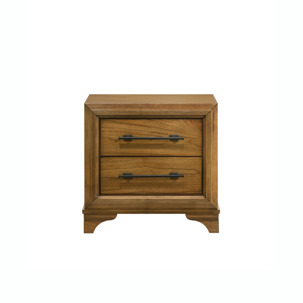 Enhance your bedroom with the Talcott Nightstand in a warm honey finish, expertly crafted from solid rubberwood, manufactured woods, and Mindy wood veneers for strength and stability. This transitional piece combines traditional and contemporary elements,