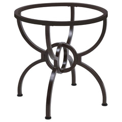 Curves abound on this intriguing transitional glass dining table. Featuring a casual and inviting aura, the table boasts a round of clear glass resting on a bold base. The base shows off metal construction with four stylized M legs that meet in an interlo