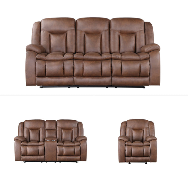 The Morello 3 Piece Reclining Sofa, Console Loveseat, and Glider Recliner in Brown offers an exceptional blend of comfort and style, making it a perfect addition to any living room. This set includes a couch, a console loveseat, and a recliner, all uphols