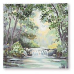 Hear the babble of water and a breeze in the trees when you glance at this wall art. It captures a picture-perfect moment in time, ushering the peaceful vibe of nature into your home. The hand-painted landscape is sure to make an impression in your living