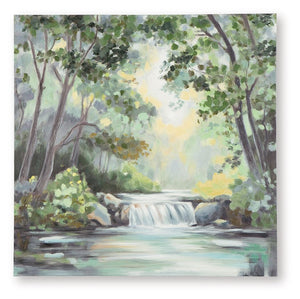 Hear the babble of water and a breeze in the trees when you glance at this wall art. It captures a picture-perfect moment in time, ushering the peaceful vibe of nature into your home. The hand-painted landscape is sure to make an impression in your living