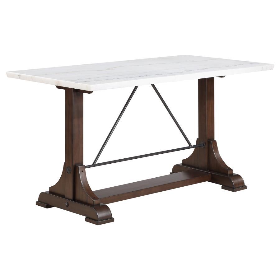 Gather at a table that exudes the natural elegance of a genuine white marble top, each one home to a unique map of delicate veining. This tabletop rests upon a solid poplar wood base, its dark brown finish narrating a story of enduring strength and classi