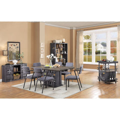Anchor your dining space in effortless style with the Cargo dining collection. The impressive design elements mix contemporary and industrial themes into one impressive transitional look. The unique rectangular table features a pedestal base with two door