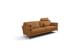 the Tussio collection offers comfort and style. The gorgeous saddle tan leather finish is modern. Included are bolster cushions and pillows to match the seating. The headrest provides added comfort to