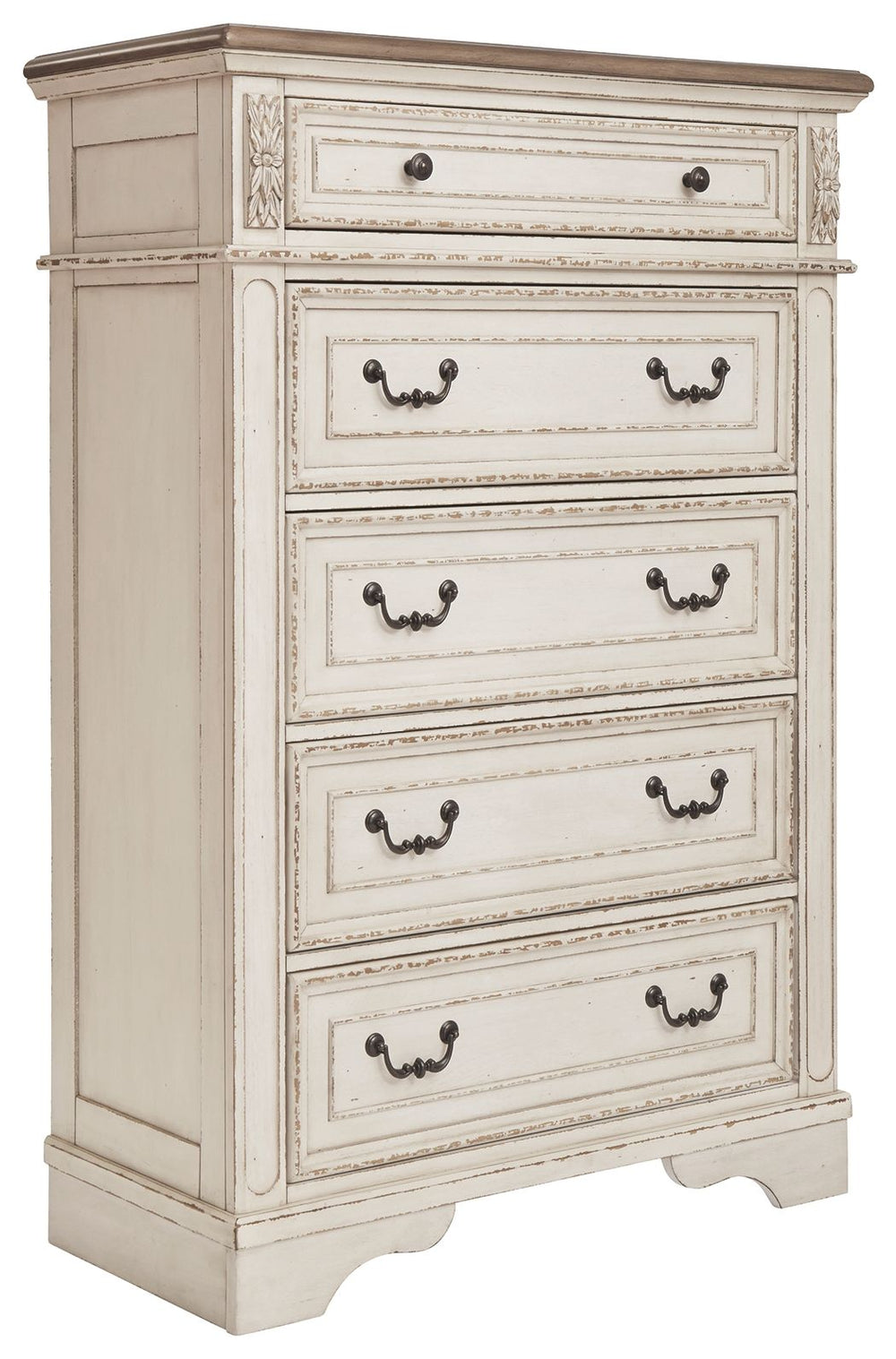 Elevating the art of traditional cottage styling, this chest of drawers is your dream bedroom retreat realized. Its antiqued two-tone aesthetic blends a chipped white with a distressed wood finished top for added charm. Framed drawer fronts and decorative