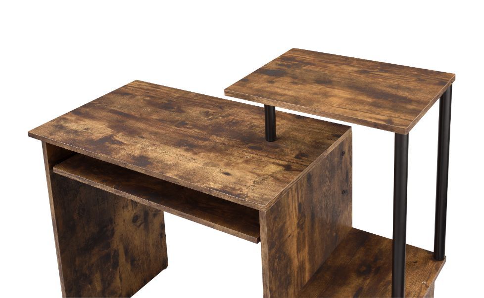 Begin your decor with your office at where you put in eight hours a day. Crafted from wood, the wooden desk in rusitc wood finish makes your workplace natural and down to earth. It features two open storage compartments with a desktop shelf ,while a under