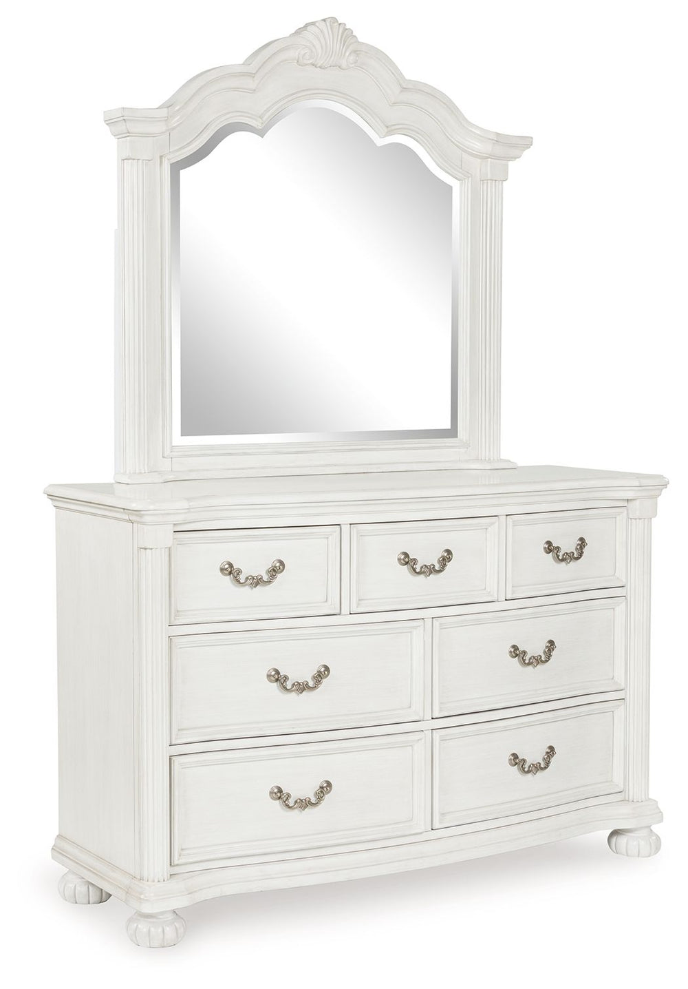 Transform your inner sanctum into a haven of timeless elegance and functionality. This traditionally styled dresser with mirror is adorned in a classic antiqued white finish, highlighted by a serpentine-shaped front with thick decorative moulding. Its dra