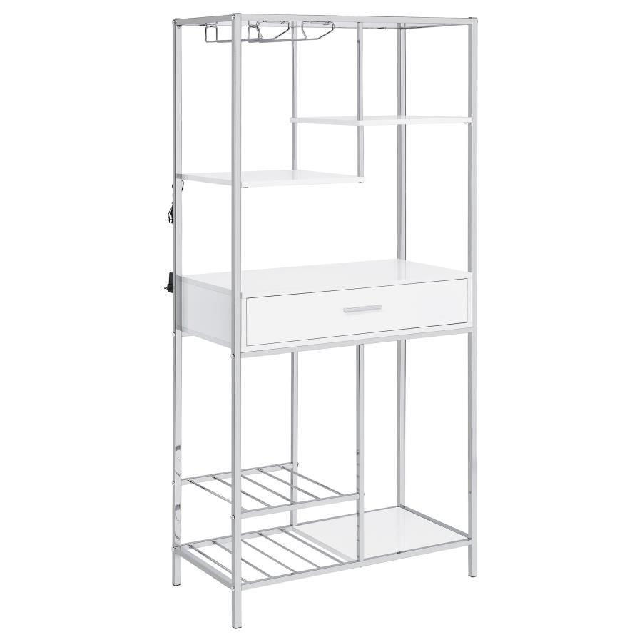 A modular design with integrated LED lighting offers a fresh, modern look, perfect for hosting guests in your contemporary setting. This wine cabinet features a minimalist and linear design with four open shelves, a convenient pull-out drawer, two tiers o