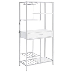 A modular design with integrated LED lighting offers a fresh, modern look, perfect for hosting guests in your contemporary setting. This wine cabinet features a minimalist and linear design with four open shelves, a convenient pull-out drawer, two tiers o