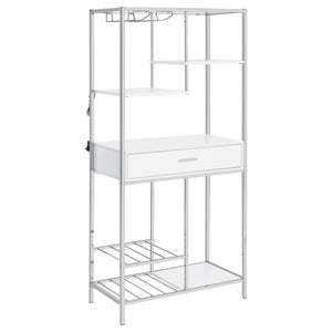 A modular design with integrated LED lighting offers a fresh, modern look, perfect for hosting guests in your contemporary setting. This wine cabinet features a minimalist and linear design with four open shelves, a convenient pull-out drawer, two tiers o