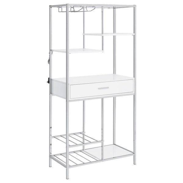 A modular design with integrated LED lighting offers a fresh, modern look, perfect for hosting guests in your contemporary setting. This wine cabinet features a minimalist and linear design with four open shelves, a convenient pull-out drawer, two tiers o