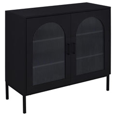 Enhance your dining or living space with this sleek black sideboard, elegantly shaped with subtle arches and showcasing framed fluted tempered glass doors. Inside, adjustable shelves provide flexible storage for dinnerware and dÃ©cor, while its minimalist