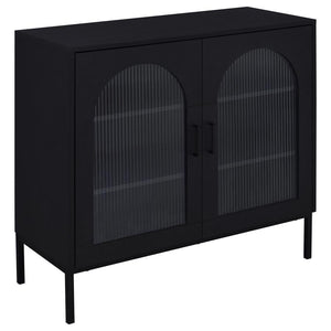 Enhance your dining or living space with this sleek black sideboard, elegantly shaped with subtle arches and showcasing framed fluted tempered glass doors. Inside, adjustable shelves provide flexible storage for dinnerware and dÃ©cor, while its minimalist