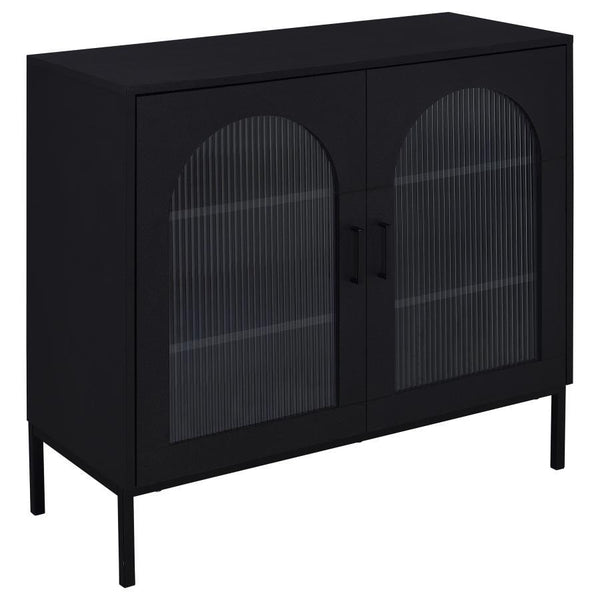 Enhance your dining or living space with this sleek black sideboard, elegantly shaped with subtle arches and showcasing framed fluted tempered glass doors. Inside, adjustable shelves provide flexible storage for dinnerware and dÃ©cor, while its minimalist