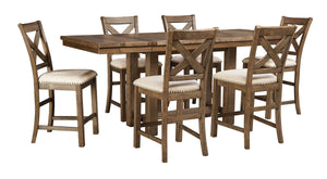 Made with Rubberwood solids and Acacia veneers. Casual rustic design with planked effect on table top. Table extends to fit 8 with two end leaves. Alternate seating available with the cushioned bench. Matching server offers plenty of storage options. Coll
