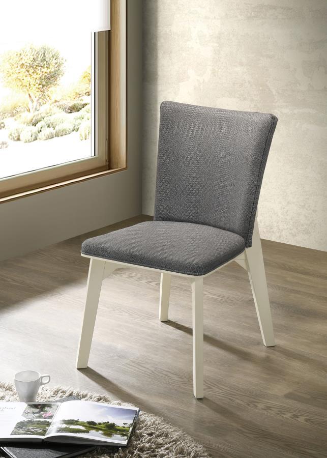 Enhance your dining area with the modern simplicity of this comfortable dining chair. The chair features soft gray fabric upholstery over plush cushioning for a comfortable seat. Its sleek, angular white base creates a subtle, airy contrast, while its str